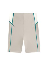 Világos bézs sportnadrág, türkiz kerek oldalsávokkal, térd feletti hosszúságban, fehér háttérre leterítve.