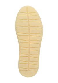 Gummisohle, blassgelb mit horizontalen und vertikalen Rillen, verfügt über eine glatte Textur und ein eingestempeltes Logodetail. Größe 37 angegeben.