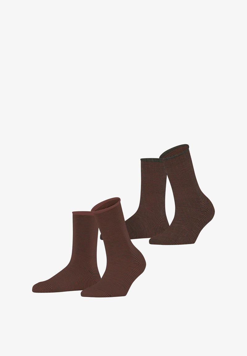 Brown striped socks, featuring a ribbed texture, with varying heights: ankle and mid-calf. Solid color, seamless design.