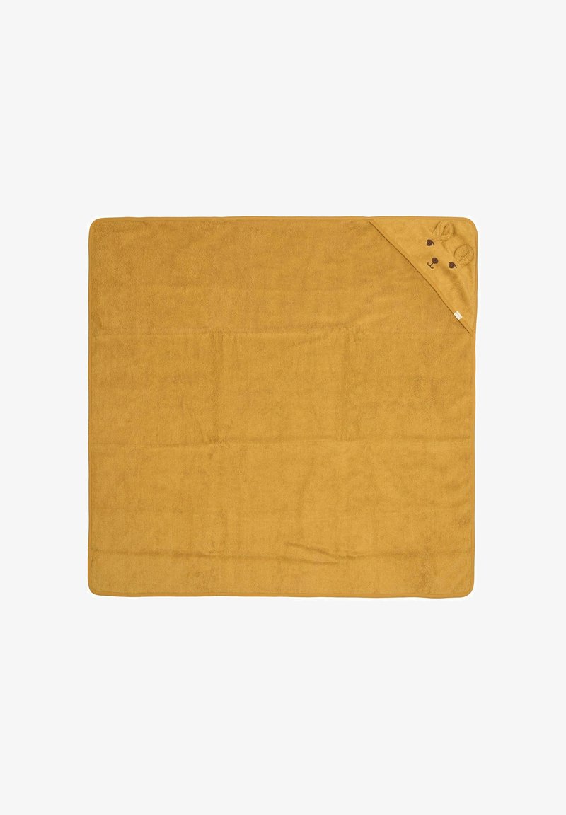 Žlutá osuška s měkkou texturou, kapucí s detaily ve tvaru medvědí tváře a obdélníkovým tvarem. Vhodná pro kojence nebo malé děti.