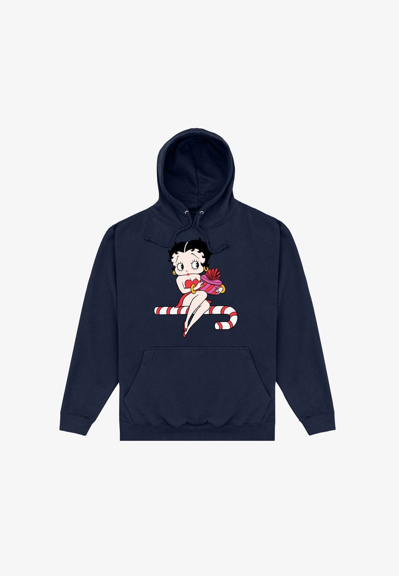 Granatowa bluza z kapturem z postacią z kreskówki siedzącą na czerwono-białej, paskowanej laseczce cukrowej, trzymającą pudełko prezentowe owinięte różową kokardą.