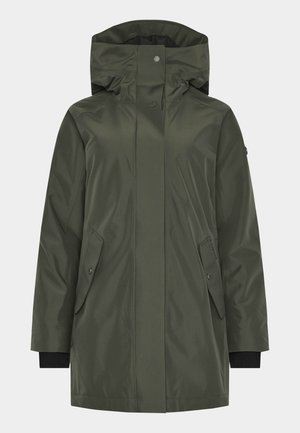 Grüne wasserabweisende Jacke mit hohem Kragen, verstellbarem Kapuze, zwei Fronttaschen und schwarzen Bündchen. Schlichte Textur und minimalistisches Design.