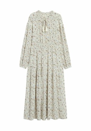 Crèmekleurige jurk met lange mouwen tot de enkels, voorzien van een kleine bloemenprint, geplooide rok, gerimpelde lijfje en een koord met kwastjes bij de halslijn.