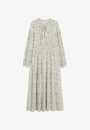 Robe crème à manches longues et longueur cheville avec petit imprimé floral, jupe plissée, corsage froncé et lien à pompon au niveau de l'encolure.