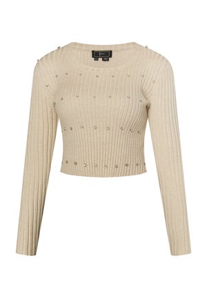 Maglione cropped a coste beige con maniche lunghe, decorato con piccoli rivetti d'argento distribuiti uniformemente sul davanti. Collo rotondo.