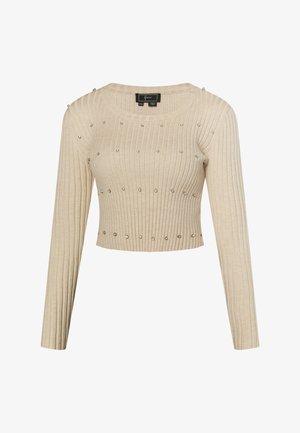 Beige ribbet cropped sweater med lange ærmer, dekoreret med små sølvstuds jævnt fordelt foran. Rund halsudskæring.