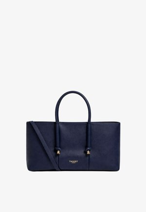 Borsa rettangolare in pelle blu navy con doppi manici superiori, tracolla e logo dorato "TWINSET" sulla parte anteriore.