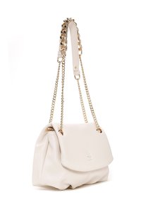 Cream-colored soft leather handbag with flap closure, gold chain shoulder straps, and a small embossed logo on the front flap.
