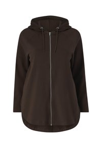 Brown zip-up hoodie with a drawstring hood, long raglan sleeves, and a curved hem. Made of soft, textured fabric. Features silver zipper.
