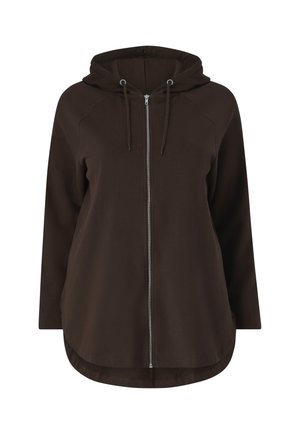 Bruine zip-up hoodie met een trekkoord in de capuchon, lange raglanmouwen en een ronde onderkant. Gemaakt van zachte, gestructureerde stof. Voorzien van een zilveren rits.