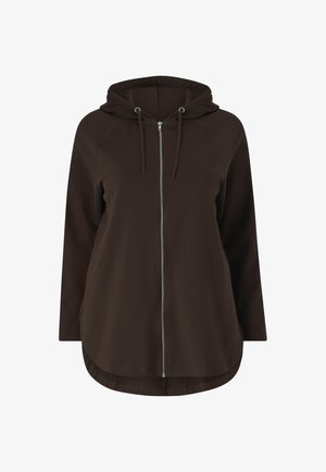 Brązowy hoodie na zamek błyskawiczny z kapturem na sznurku, długimi rękawami raglanowymi i zaokrąglonym dołem. Wykonany z miękkiej, teksturowanej tkaniny. Zawiera srebrny zamek.