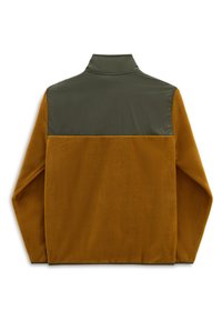 Chaqueta de forro polar con cuerpo marrón y sección superior de nylon verde oliva, con un cuello alto y mangas largas.