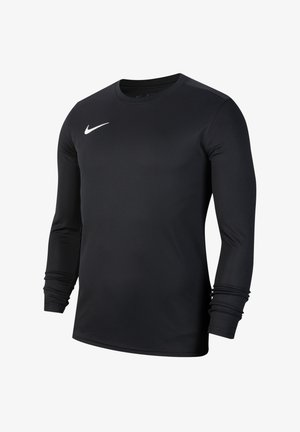 Czarna sportowa koszulka z długim rękawem i okrągłym dekoltem z białym logo Nike na prawej piersi, przedstawiona na białym tle.