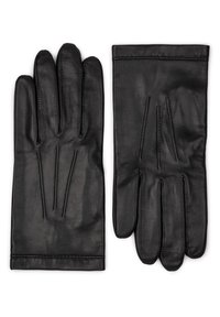 Black leather gloves featuring a smooth texture, five fingers, contrasting stitching, and a classic design with side stitching details.