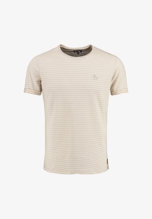 Lichtbeige t-shirt met korte mouwen en een horizontaal gestreept patroon. Zachte stof, ronde halslijn en een klein logo op de borst.
