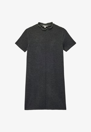 Korte mouwen, donkergrijze jurk met een uitlopende kraag, een gladde textuur en een rechte snit, met een verticale naad aan de voorkant.