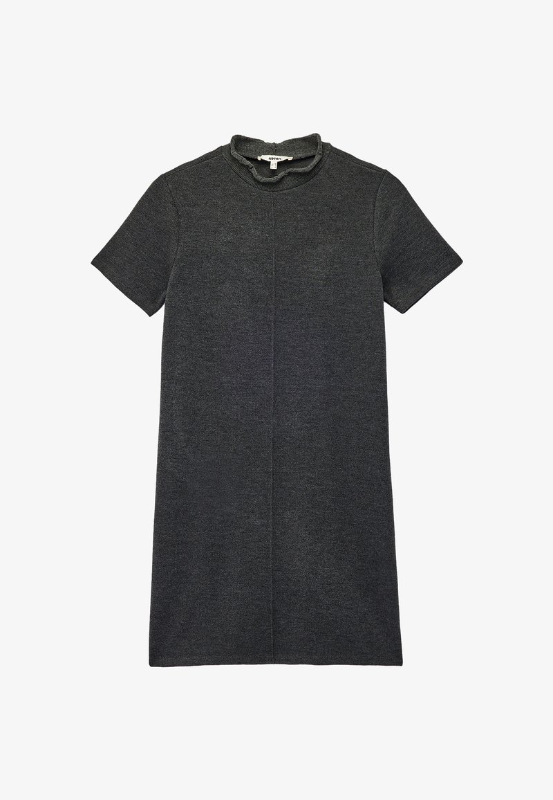 Vestido de manga corta, gris oscuro, con un cuello acampanado, textura suave y corte recto, que presenta una costura delantera que corre verticalmente.