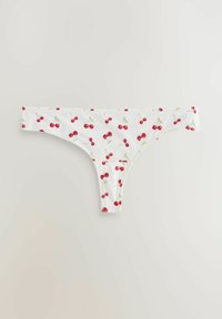 White thong underwear with a cherry pattern, featuring red cherries on green stems. Smooth fabric with a traditional cut and subtle elastic waistband.
