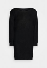 Abito nero lavorato a maglia con vestibilità ampia, scollo a barca e maniche a tre quarti. Presenta una texture a coste e un orlo rifinito.