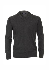 Maglione grigio carbone a collo a V realizzato in morbido tessuto lavorato a maglia. Silhouette aderente con maniche lunghe e polsini e orlo a costine. Design minimalista.