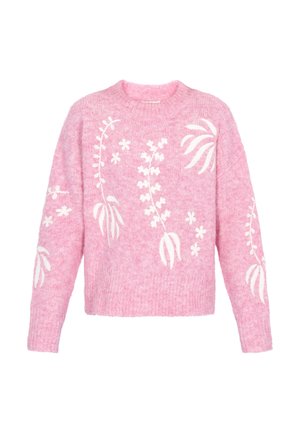 Pulover tricotat roz cu manșon lung, guler rotund și broderie florală albă. Textură moale cu o ajustare ușor largă.