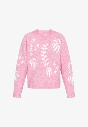 Roosa kootud sviiter pikemate varrukatega, ümmarguse kaelusega ja valgete lillede tikandiga. Pehme tekstuur ja veidi lõtv istuvus.