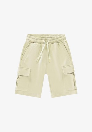 Beige cargoshorts met een elastische tailleband, trekkoord, zijzakken en klepzakken. Glad materiaal met minimale merkdetails.
