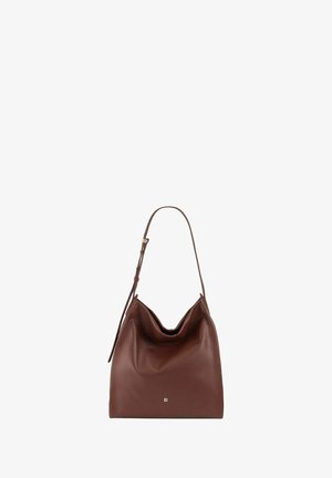 Sac à bandoulière en cuir marron avec sangle ajustable et petit logo doré sur le devant, au design souple et décontracté.