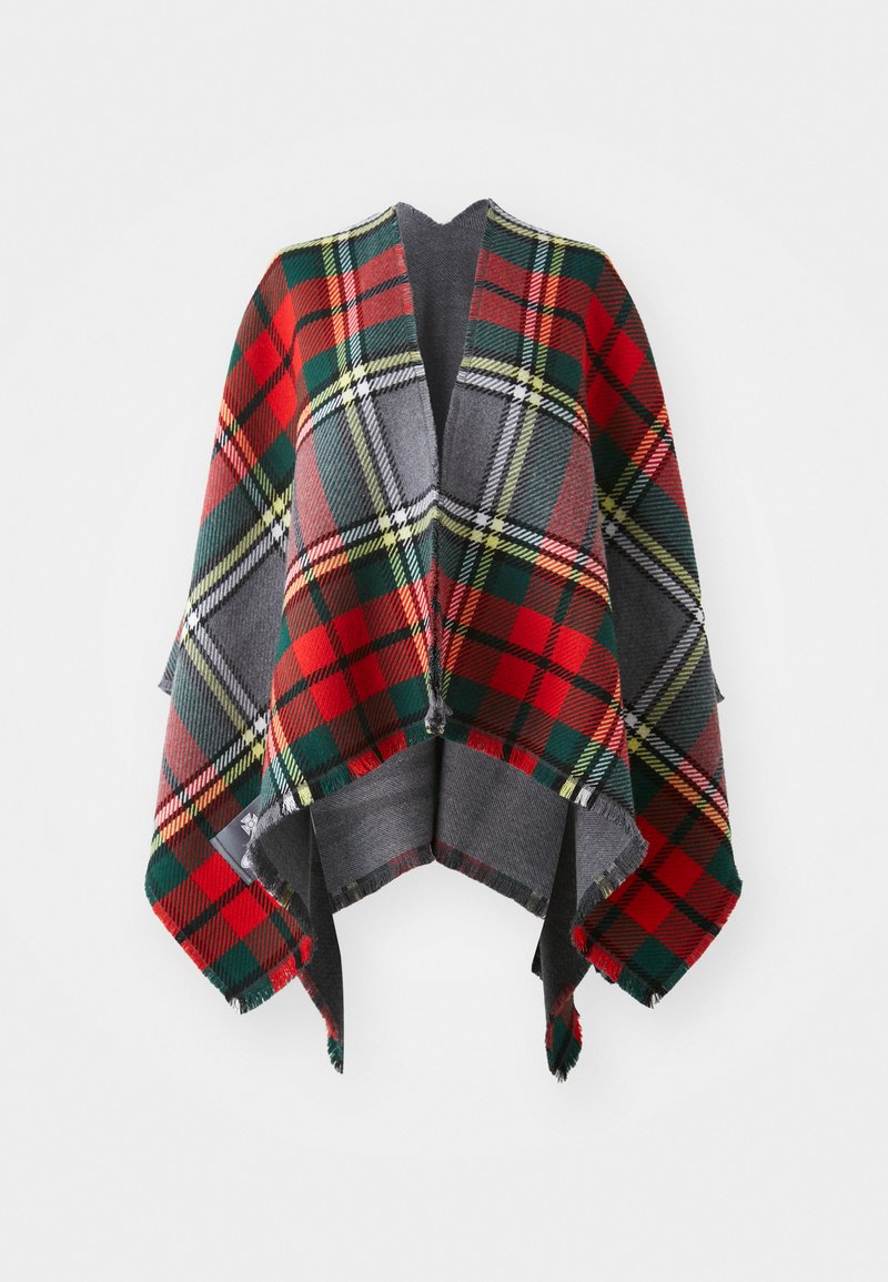 Κόκκινο, πράσινο και γκρι καρό πόντσο με περιθώρια. Φτιαγμένο από μαλακό ύφασμα, διαθέτει V-λαιμόκοψη και ανοιχτό μπροστινό σχέδιο.