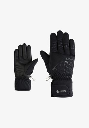 Black gloves featuring a leather palm, stretchy fabric, and textured accents, with adjustable wrist openings and a Windstopper label.