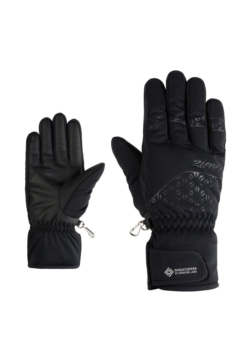 Schwarze Handschuhe mit einem Lederhandflächen, dehnbarem Stoff und strukturierten Akzenten, verstellbaren Handgelenköffnungen und einem Windstopper-Label.