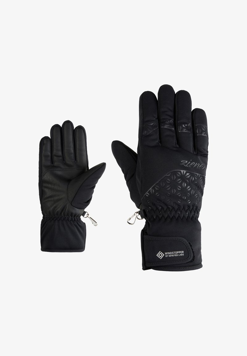 Schwarze Handschuhe mit einem Lederhandflächen, dehnbarem Stoff und strukturierten Akzenten, verstellbaren Handgelenköffnungen und einem Windstopper-Label.