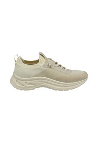 Beige Sport-Schuh mit einer strukturierten Mesh-Oberseite, verstärkter Zehenkappe und gepolstertem Kragen. Leichte Sohle mit geschwungenem Design und Rillen für besseren Halt.