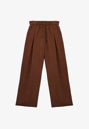 Brune vidde bukser med elastisk paperbag-talje og bindebånd foran, lavet af let stof.