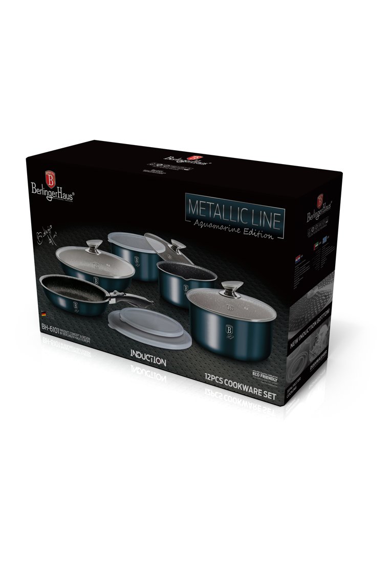Set aus 12 aquamarin-metallic Kochgeschirrstücken mit Glasdeckeln und induktionsgeeigneten Böden, verpackt in der BerlingerHaus Metallic Line Box.