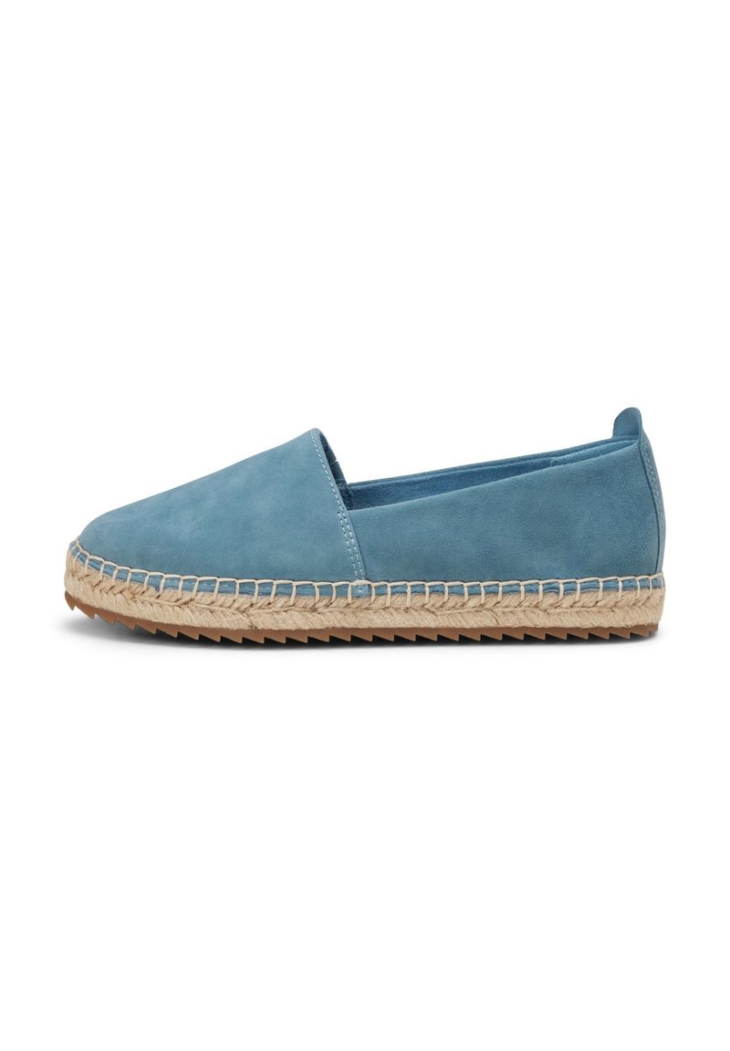 Espadrillas blu in suede senza lacci, con suola in juta intrecciata beige e suola in gomma, tacco piatto e punta arrotondata.