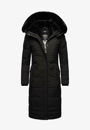 Black long puffer coat with a faux fur-lined hood, zip closure, side pockets, and quilted texture. Features slip cuffs and durable fabric.