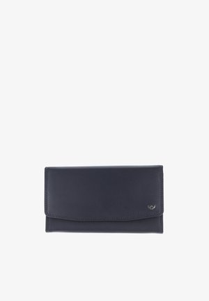 Black leather folded wallet with stitch detailing and small metal logo on lower right corner, shown closed on white background.