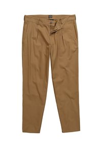 Beige Baumwollhosen mit gerader Passform, vorne Falten und einem Knopfverschluss. Sie verfügen über Seitentaschen und ein Markenlabel am Bund.