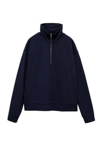 Granatowy sweter z wysokim kołnierzem i krótkim zamkiem, z długimi rękawami i luźnym krojem. Materiał mieszany bawełny, gładka tekstura.