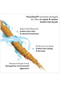 Powerbond™ illustrasjon som viser en skadet hårfiber med blå aksenter og etiketter som beskriver bindingsreparasjonsegenskaper og typer skader.