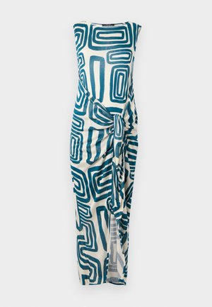 Sleeveless midi dress featuring a cream base with bold teal geometric patterns, tied detail at the waist, and side slit for added style.