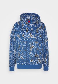 Felpa blu con un motivo paisley in bianco e nero. Presenta una tasca frontale e polsini a costine. Il materiale sembra morbido e texturizzato.