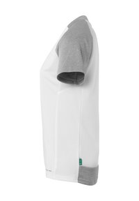 Camicia bianca a maniche corte con dettagli grigi alle maniche e alla parte inferiore. Realizzata in un tessuto liscio con una leggera lucentezza e un'etichetta laterale.