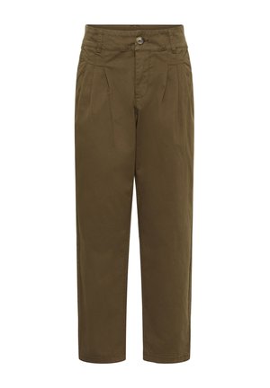 Brown cotton trousers with a straight cut, pleats at the front, a button closure, and side pockets; smooth texture with a slight sheen.