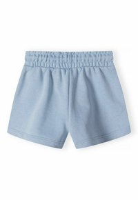 Shorts en coton bleu clair avec une taille élastique, présentant une texture douce et lisse et un design simple, sans embellissements.