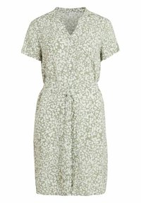 Robe boutonnière vert clair à manches courtes, avec des taches blanches abstraites, un col en V et une ceinture à nouer à la taille.