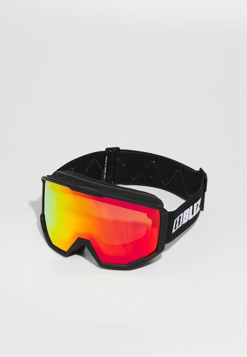 Lunettes de ski avec une monture noire et une sangle ajustable. La lentille présente une teinte dégradée allant du rouge au jaune avec une finition réfléchissante.