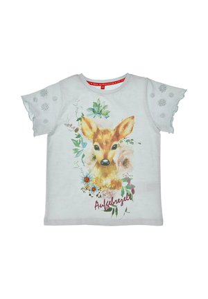 Weißes kurzärmeliges Kleinkind-Shirt mit wellenförmigen Ärmeln, Blumenstickerei und einem Rehkitz, das von Blumen umgeben ist, mit dem Text "Aufgeregelt" auf der Vorderseite.