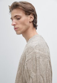 Beiger Strickpullover mit Zopfmuster, Rundhalsausschnitt und texturierter Oberfläche. Modell im Profil vor hellem Hintergrund gezeigt.